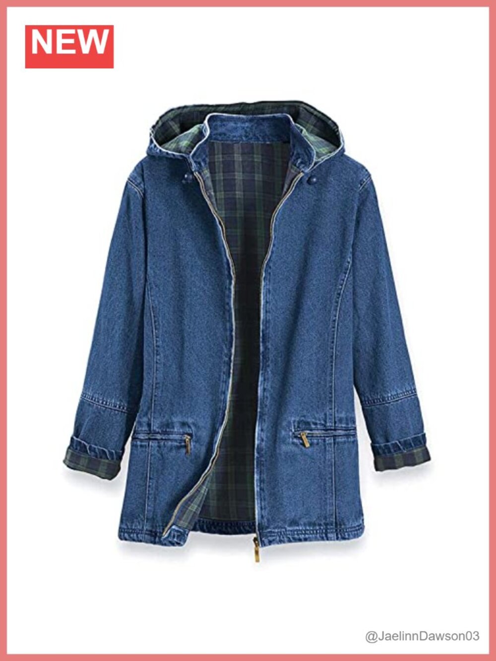 Flannel Lined Denim Jacket Detachable Hood Zip Front Pockets